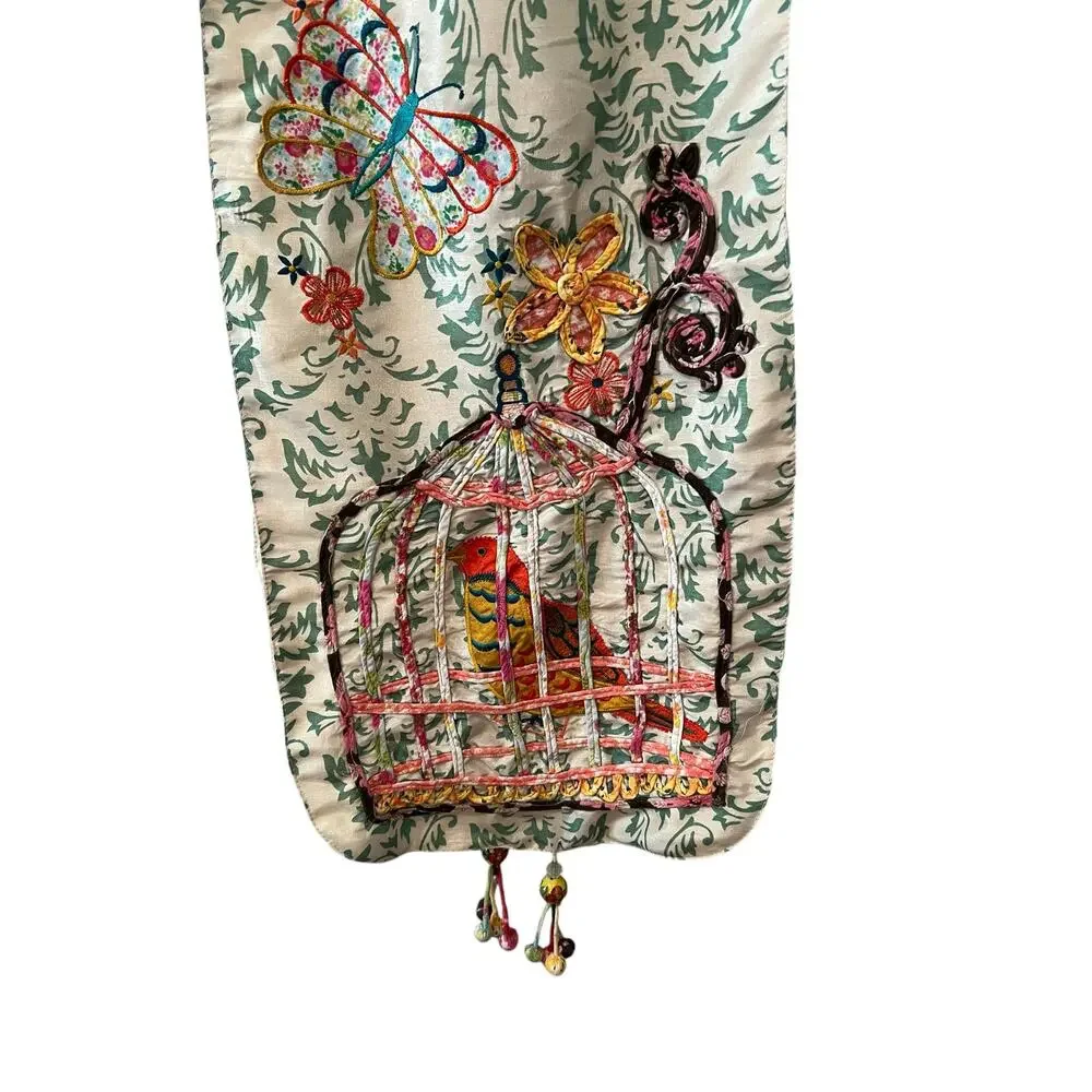 Pier 1 Imports Bohemian Caged Birds Butterfly Silky Floral Print Table Runner